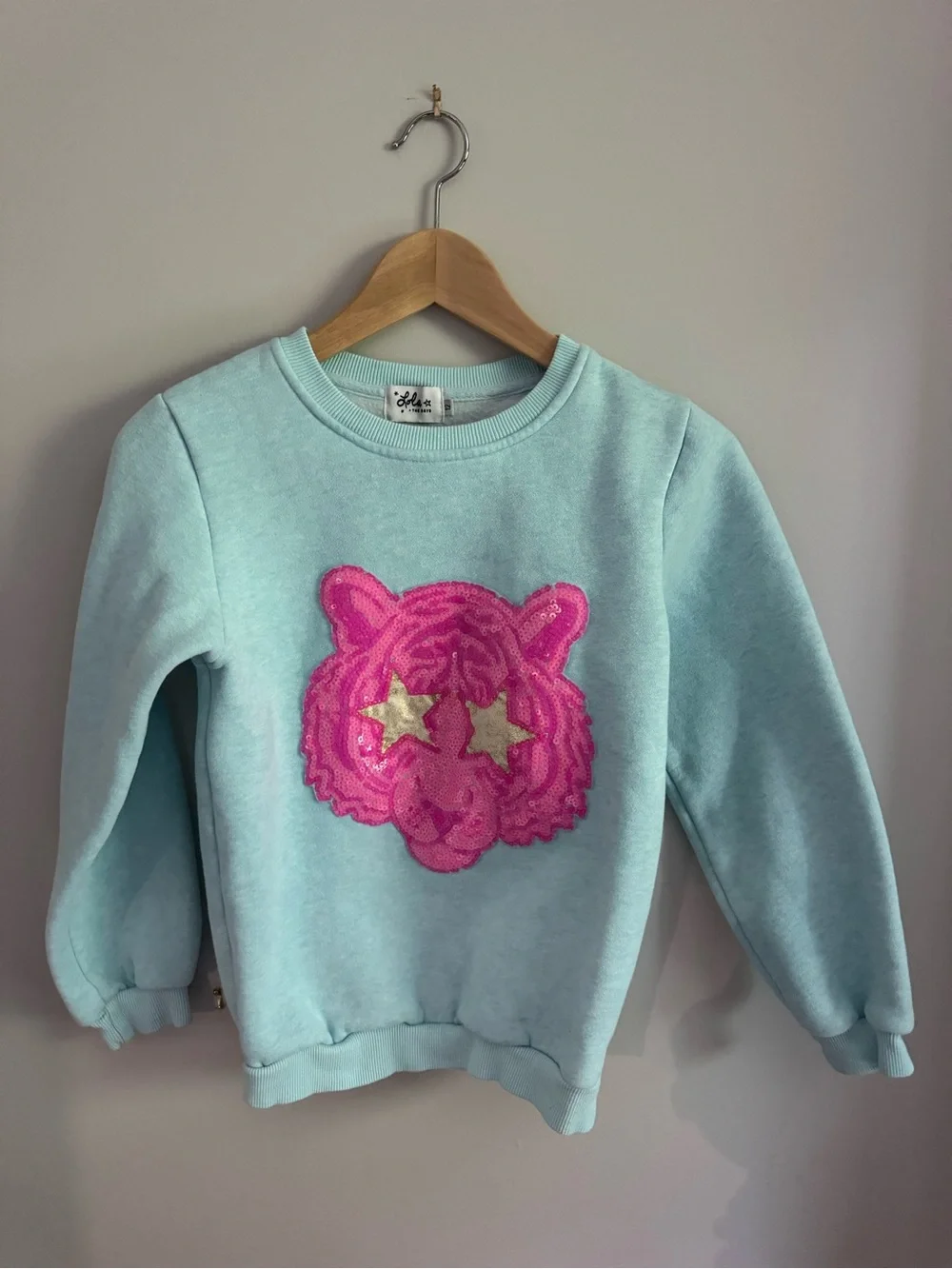 Lola + The Boys Aqua Sweatshirt with Pink Tiger Patch and Gold Stars - Picture 1 of 4